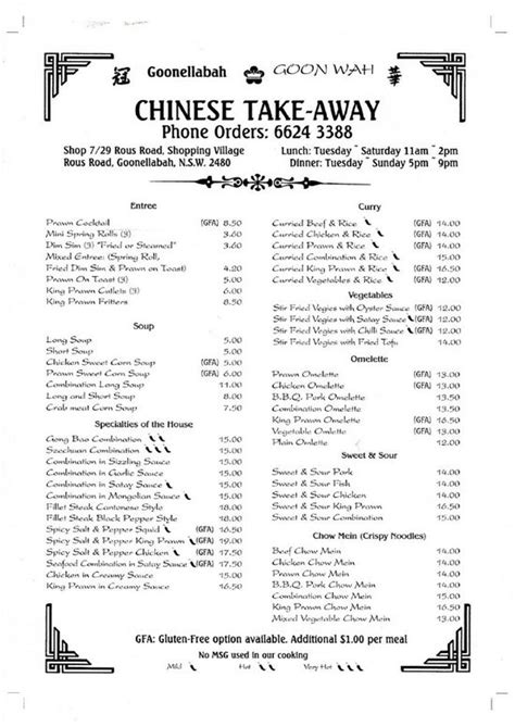 goon wah goonellabah menu All info on Goon Wah Chinese Restaurant in Goonellabah - Call to book a table